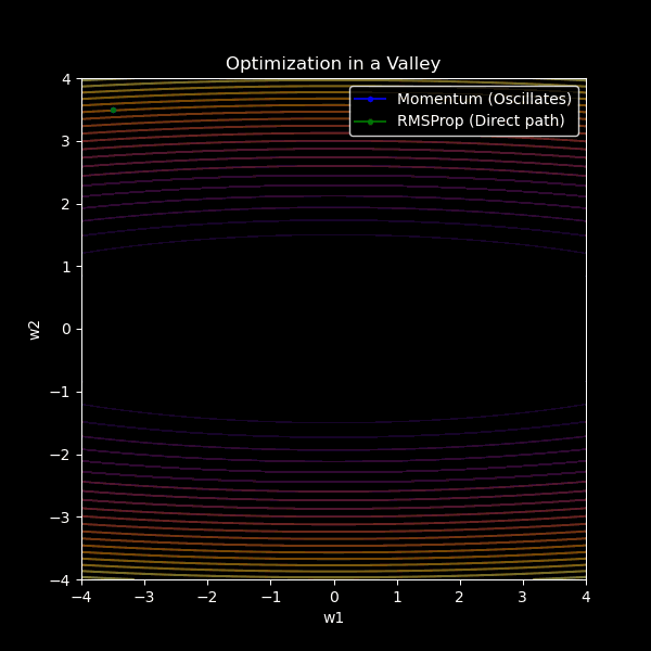 Momentum vs RMSProp Optimization Trajectory